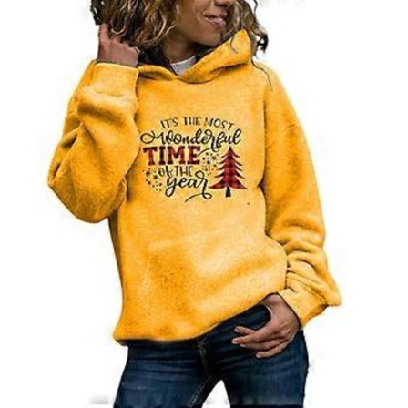 Lös fleecehoodie för damer, avslappnad långärmad tröja med nedhasad axel, jultröja med grafik, gul L