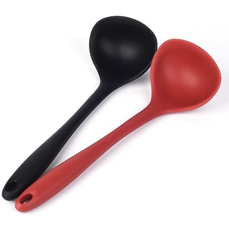 Silikonøse øse og suppe-skje sett med 2, ikke-klebende varmebestandig lang håndtak ubruddbar stor rund skje for hjemmekjøkken matlaging, rød og svart