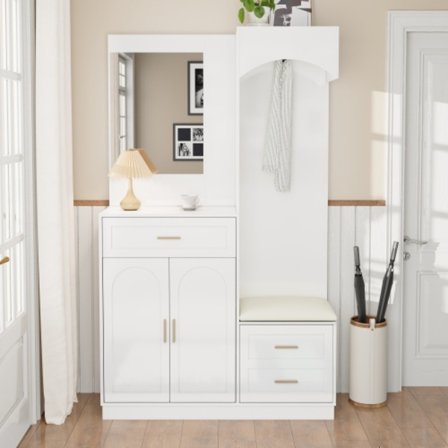 Platsbesparande garderob med spegel, multifunktionell kombination av garderob och skoskåp för hall och entré