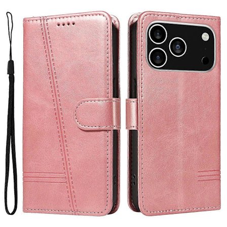 For iPhone 17 Pro Wallet Case T-Line Læder Telefon Beskyttelsesetui Holder (Pink Guld, Rose Guld)