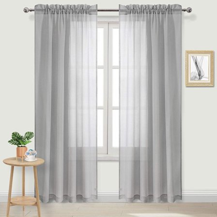 Gray Sheer Curtains, Semi Sheer Rod Pocket Drapes for Bedroom and Living Room, 54 x 84 Inch Length, Set of 2