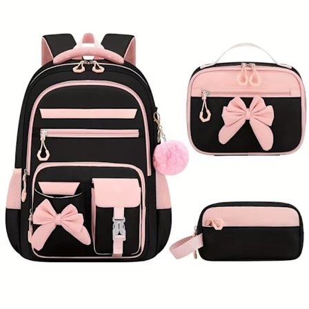 3-delt Ryggsekksett for Kvinner med Sløyfe, 15,6 Tommers Laptopryggsekk, Romslig Skolesekk med Lommer