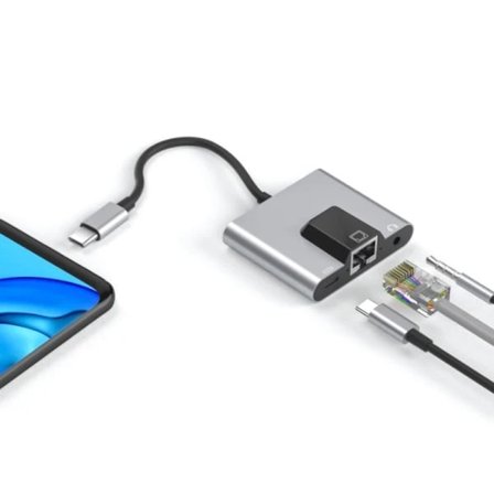 Typ-C til Ethernet LAN Nettverksadapter Hub USB C til 3,5 mm lyd og PD