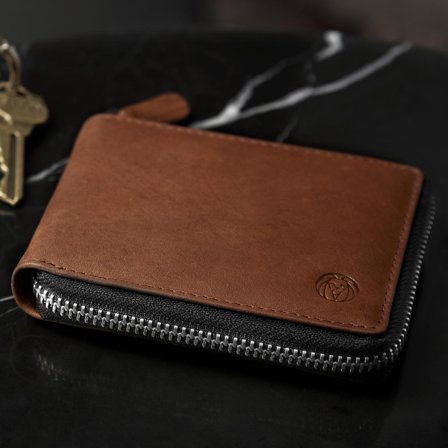 Portefeuille en cuir brun havane anti-RFID avec fermeture zippée pour hommes - Portefeuilles