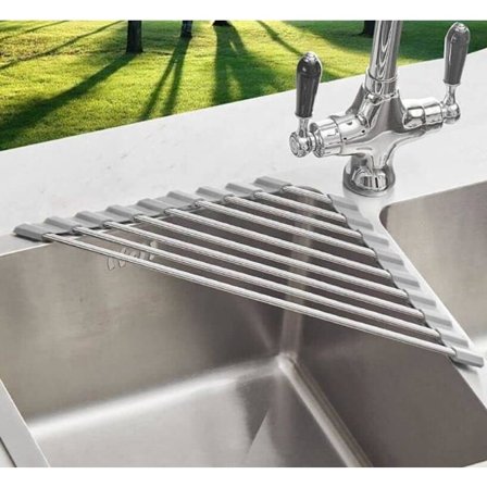 Trekantet oppvaskstativ for vaskhjørne, sammenrullbart oppvaskstativ