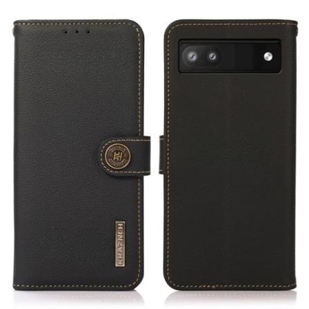Khazneh Google Pixel 6a Plånboksfodral Rfid Äkta Läder - Svart