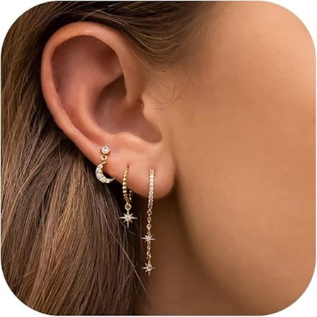 3 Par 14K Guldförgyllda Måne Stjärna Högörhängen Set med Minimalistisk Hängsmycke, Guld, L