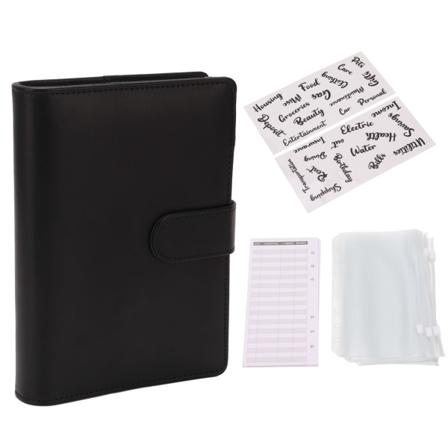 Budsjettperm A6 6 hull PU lær Notebookperm 12 stk Budsjettark 8 stk Gjennomsiktige glidelåsposer Budsjettperm Svart