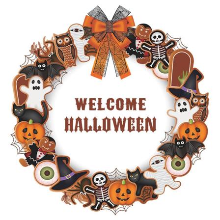 Set med kreativa tecknade Halloween-kombinationsgirlang, hembakgrund, fönsterglas KLB