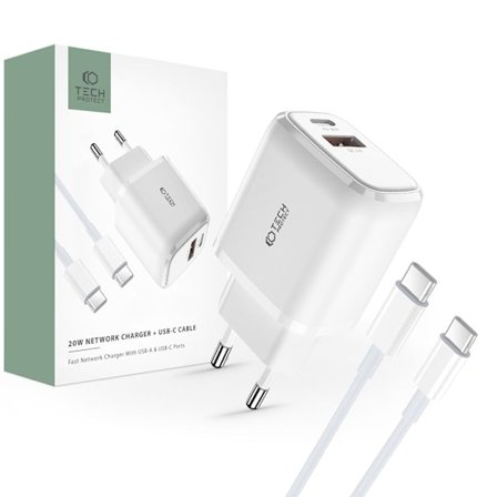 Tech-Protect 20W Väggladdare PD Inkl. USB-C - USB-C Kabel Vit