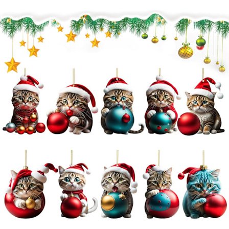 Pakke med 10 Juletræspynt med katte, 6D Akryl Julekat
