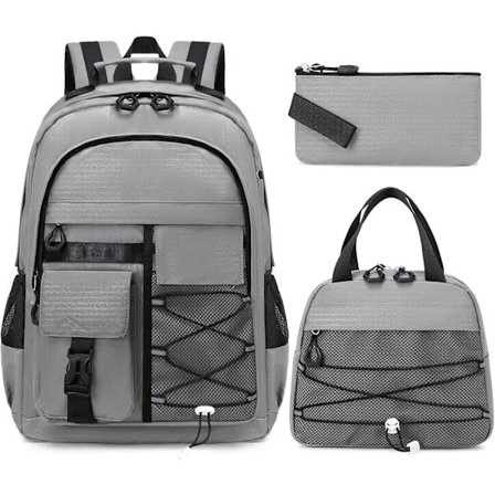 Grå Rygsæk til Drenge, Vandtæt 15,6 Tommer Laptop Skoletaske - 3-Delt Tilbage til Skole Sæt med Madkasse & Penalhus, Holdbar Mid