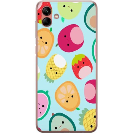 Kompatibel Mobilcover til Samsung Galaxy A04 Mønster af kawaii frugter som jordbær citron ananas og avocado på lyseblå baggrund