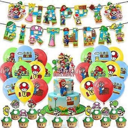 Super Mario Spel Ballonger Kit Födelsedagsfest Tillbehör Ballonger Banner Tårtdekorationer