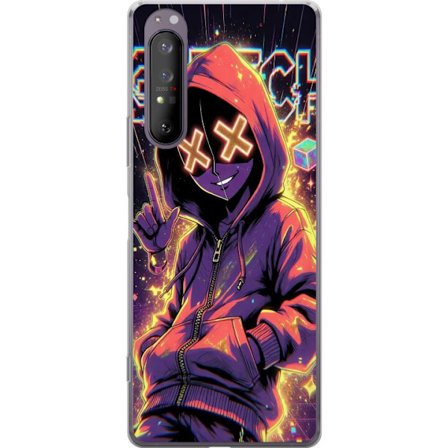 Kompatibelt Mobilskal till Sony Sony Xperia 1 II Cyberpunk-inspirerad hoodie-karaktär med neon, glitch-effekter och mask, futuristisk digital konst f