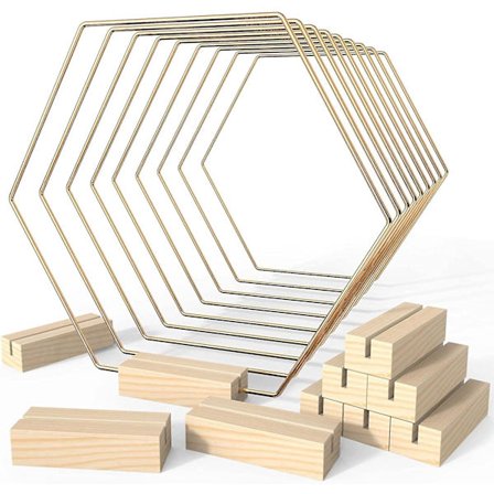 10 st 8 tum hexagonal metall blomsterbåge mittpunkt för bord, metallkransring med 10 st platskortshållare, bordsdekorationer mittpunkt för P
