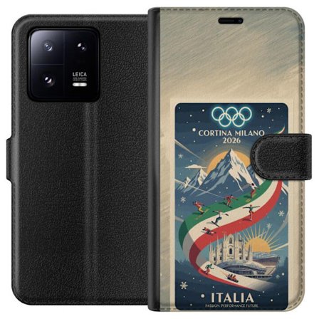 Kompatibel Tegnebogsetui til Xiaomi 13 Pro Skitse med skiskytteudøver der sigter med riffel på en snebaner, teksten Milano Cortina 2026 og de olympisk