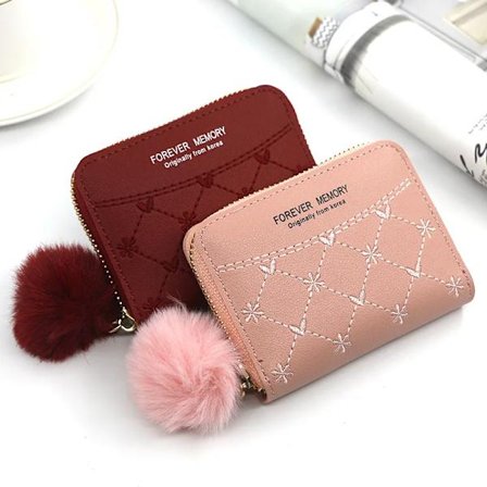 New Embroidered Wallet for Women Ladies Coin Purses Hairball Tassel PU Leather Zipper Credit Card Holder Clutch Money Bag Pocket