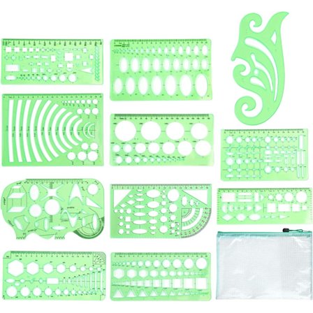 11 kpl Geometriset piirustusmallit Mittausviivaimet Muoviset mittausmallit Muoviset geometriakaavaimet säilytyspussilla toimistoon ja kouluun