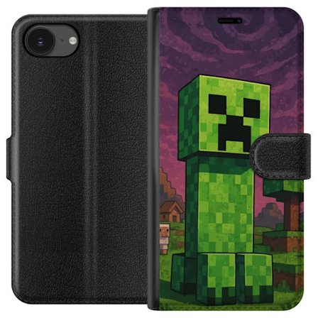 Yhteensopiva Lompakkokotelo Apple iPhone 16e Blockig grön figur i pixlad fantasivärld med träd hus och djur i retro spelmiljö