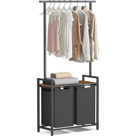 Vasagle Tvätthäm, tvättkorgar 2 sektioner med hängande hylla, 28,7 "x 13" x 69,7 ", rustik brun och svart