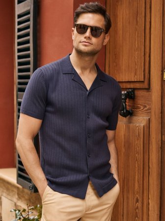 John Henric Men's Navy Blue Rib Knitted Short Sleeve Shirt Cotton Size M