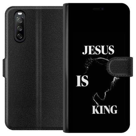 Yhteensopiva Lompakkokotelo Sony Xperia 10 III Värikkäitä kawaii-hahmoja pinottuna pystysuunnassa violetilla taustalla, pehmeillä muodoilla ja leikkis