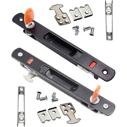 Skydedørslås, sæt med 2 skydedørshåndtag i glas, indbygget montering, nøgle, usynligt håndtag til indvendige sorte døre, der kan trækkes tilbage