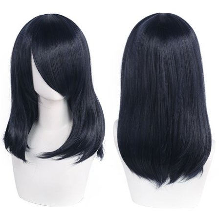 Anime-hår paryk til cosplay med pandehår, mellemlang 40 cm, sort blå