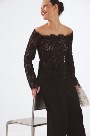 NA-KD Schulterfreies Spitzen-Pailletten-Top - Party Oberteile - Schwarz - EU 40