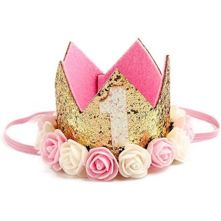 Baby Princess Crown1", 1. Baby Princess Tiara Crown Tiara Kids First Birthday Hat med Golden Flash Piece og Pink og Hvit Rose Dekorasjon