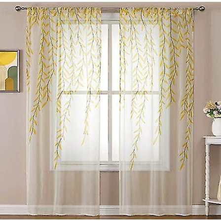 Green Sheer Window Gardiner- Willow Leaves Print Voile Sheer Gardin