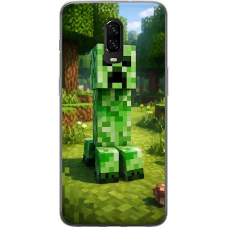 Kompatibelt Mobilskal till OnePlus OnePlus 6T Block-baserad Creeper-figur i en grön pixell värld, ikonisk spelillustration för barnrum, gamers och