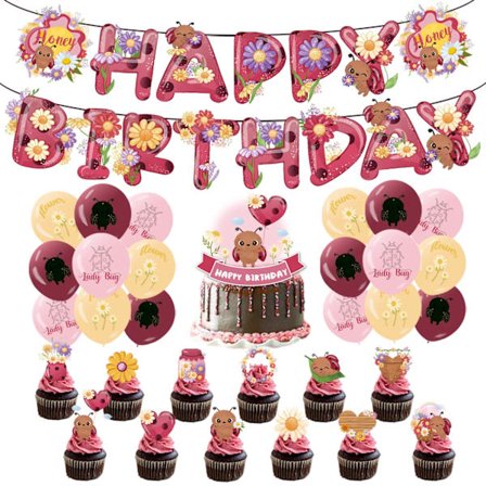 Grattis på födelsedagen Nyckelpiga Banner Tårtdekoration Ballong Födelsedagsfest Dekoration Nyckelpiga Tema Festdekoration