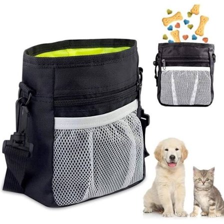Godbitpose for hund, treningspose for hund, justerbar størrelse, bærbar pose med skulderstropp og pose dispenser