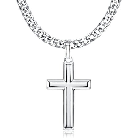 925 Sterlingsølv Kors Halskæde Med 5mm Rustfri Stål Diamantslebet Solid Curb Cubansk Led Kæde Halskæde 18-30 Tommer