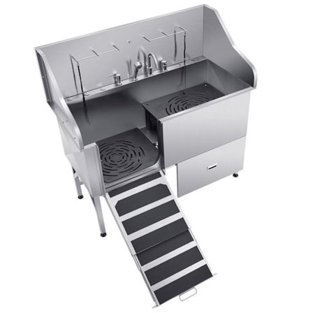 Hunde Badekar i Rustfrit Stål-Duoku-155 cm-Badekar til Pleje med Rampe, Vandoverløb, Vandhane-venstre