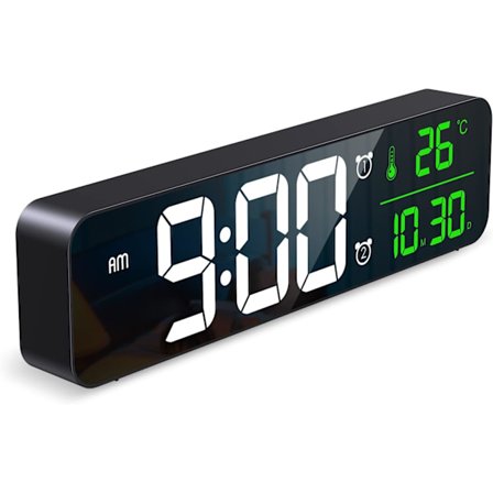 Digitalt Ur med Stor Skærm, Vægmonteret Stue Temperatur & Dato Visning Elektroniske Ure, LED Spejl 40 Musik, 2 Alarmer, 6 Lysstyrke Dæmper, 4 