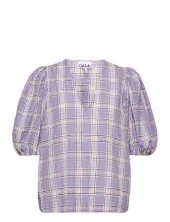 Ganni | Seersucker Check V-Neck Blouse | 34