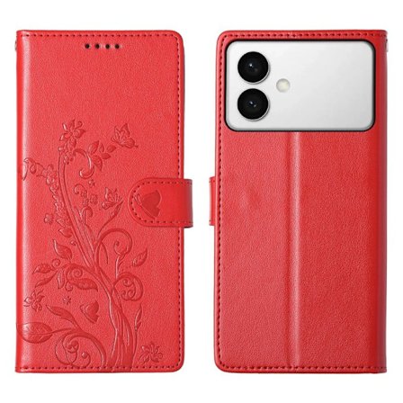 Samsung Galaxy S26 Edge Plånboksfodral Konstläder Fjäril Blommönster - Röd