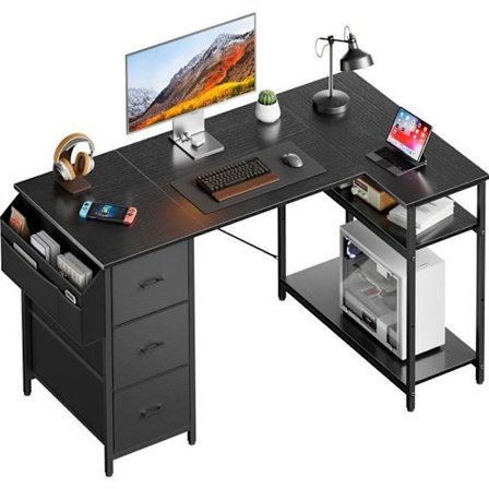 HLONONE Kulmapöytä, 120x78cm Pelipöytä, L-muotoinen pöytä 3 laatikolla, Tietokonepöytä säilytyslaukulla, Musta