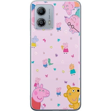 Kompatibel Mobilcover til Motorola Moto G53 Peppa Gris med en baby i armene, morgris motiv i farverig og blød børneillustration med hjerter
