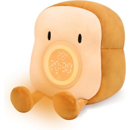 Plush leketøy nattlys vekkerklokke for barn, Multiin-one koselig toast plushies seng klokke med dobbel alarm og slumre, dimbar sengelampe