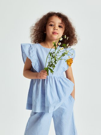 Polarn O. Pyret - Woven, striped blouse with ruffles - 110 - Childrenswear - blue