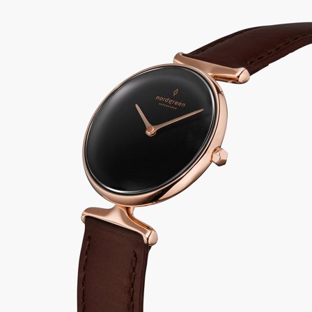 Nordgreen Best Women's Slim Designer Watch - Rose Gold Case - Black Dial - 28mm Dark Brown Leather Strap White Dial Unika