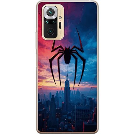 Kompatibelt Mobildeksel til Xiaomi Xiaomi Redmi Note 10 Pro Stilisert edderkopp over bysilhuett i dramatisk solnedgang, grafisk fantasyillustrasjon me
