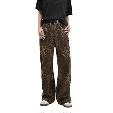 Vintage Dam Leopardtryck Jeans Byxor Streetwear Jeans Raka Ben Denim Lösa Byxor