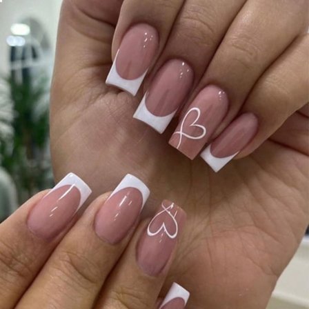 24 stk. Medium Hvite Hjerte Fransk Manikyr Løsnegler Lange Firkantede Akryl Løsnegler