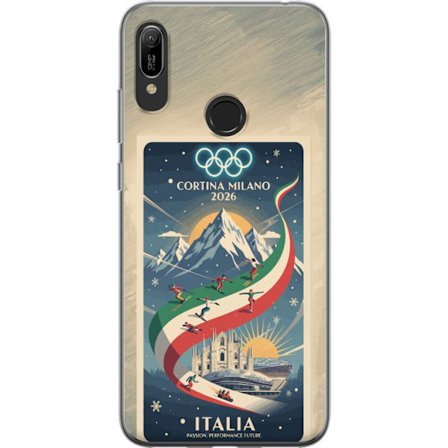 Kompatibel Mobilcover til Huawei Y6 (2019) Skitse med skiskytteudøver der sigter med riffel på en snebaner, teksten Milano Cortina 2026 og de olympisk