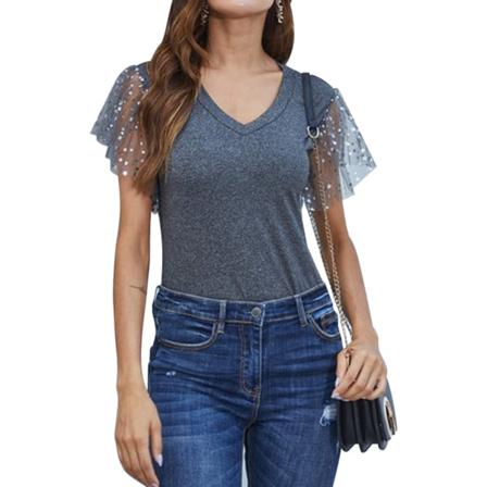 Dam T-shirt Sommar V-hals Gaze Paljett Kortärmad Casual